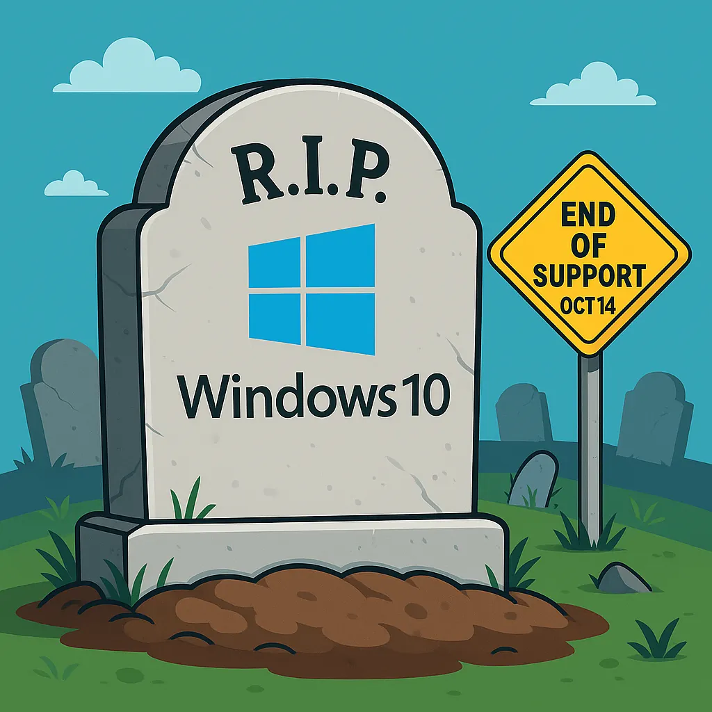 Gravestone with Windows 10 logo and R.I.P. text, next to a yellow sign reading End of Support Oct 14 in a graveyard.