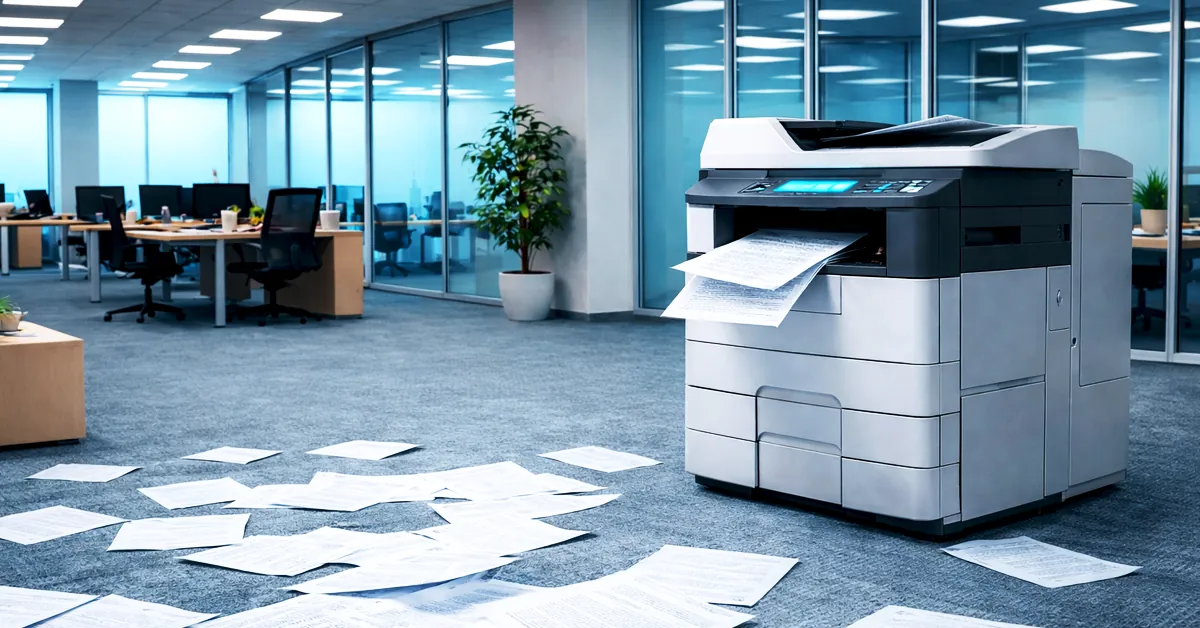 Office printer printing documents with scattered papers on carpet in modern workspace with desks and chairs.