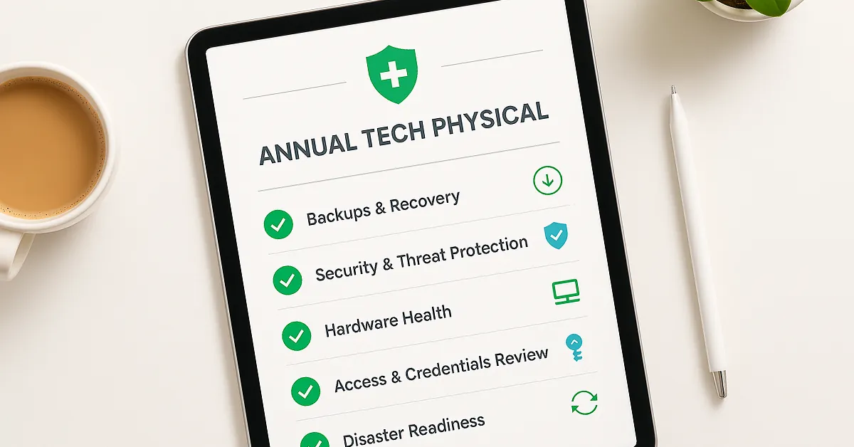 Tablet screen showing an annual tech physical checklist with coffee and pen on a white desk.
