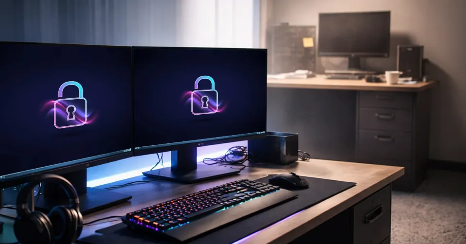 Dual monitors displaying secure lock icons on a sleek computer desk setup with keyboard and mouse in an office.