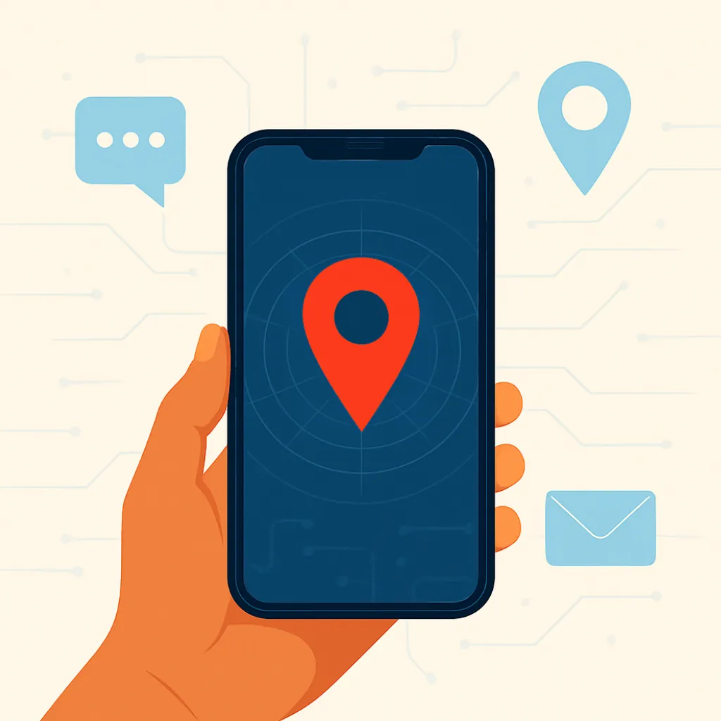 Hand holding smartphone displaying red location pin with communication icons in background