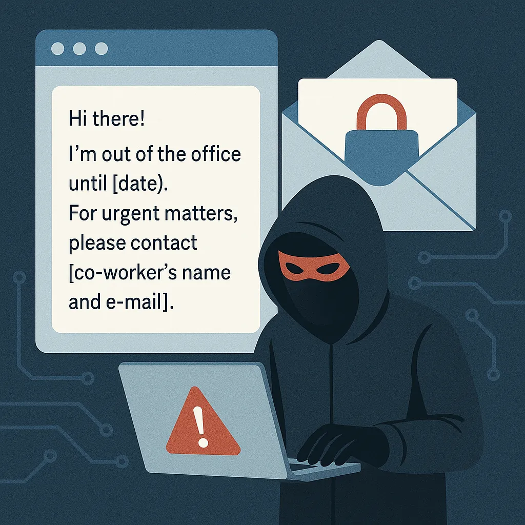 Hacker in hoodie and mask hacking a laptop with out of office email message and locked envelope symbol behind.